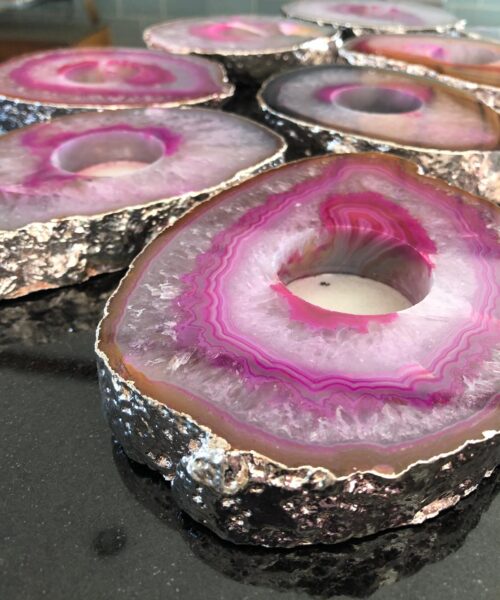 Large Pink Agate Slice Microcrystalline Quartz Silver Gilded Tealight Candle Holder - Image 4