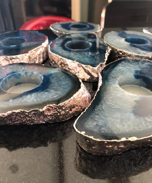 Large Blue Agate Slice Microcrystalline Quartz Silver Gilded Tealight Candle Holder - Image 5