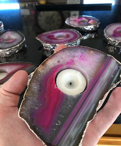 Large Pink Agate Slice Microcrystalline Quartz Silver Gilded Tealight Candle Holder - Image 5