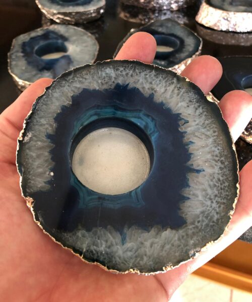 Large Blue Agate Slice Microcrystalline Quartz Silver Gilded Tealight Candle Holder - Image 6