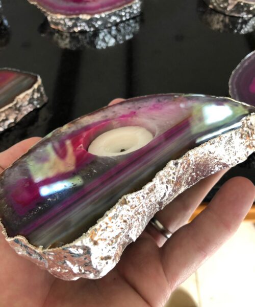 Large Pink Agate Slice Microcrystalline Quartz Silver Gilded Tealight Candle Holder - Image 6