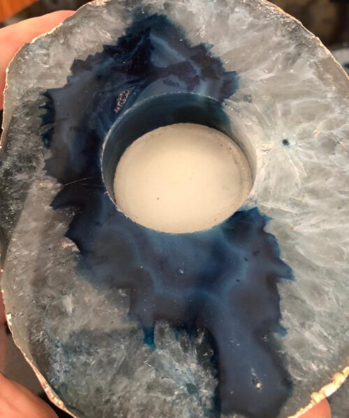 Large Blue Agate Slice Microcrystalline Quartz Silver Gilded Tealight Candle Holder - Image 7