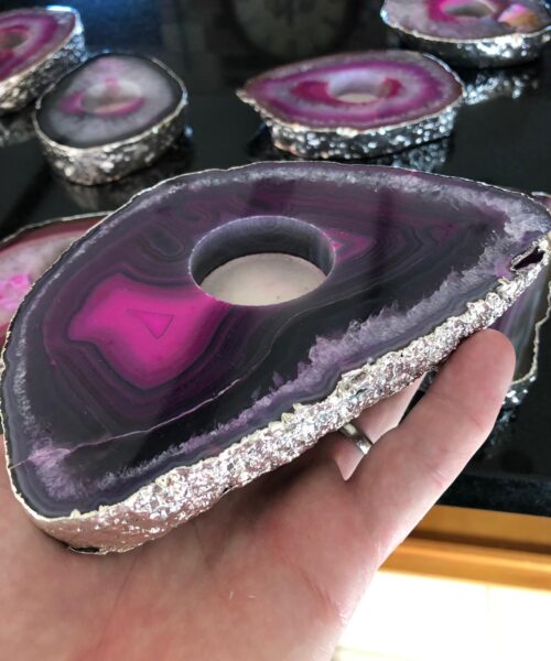 Large Pink Agate Slice Microcrystalline Quartz Silver Gilded Tealight Candle Holder - Image 7