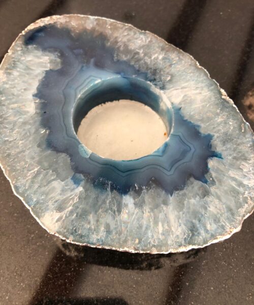 Large Blue Agate Slice Microcrystalline Quartz Silver Gilded Tealight Candle Holder - Image 8