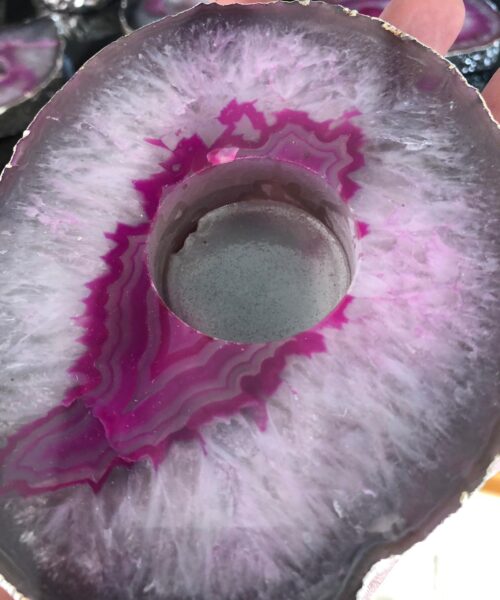 Large Pink Agate Slice Microcrystalline Quartz Silver Gilded Tealight Candle Holder - Image 8