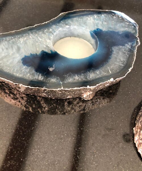 Large Blue Agate Slice Microcrystalline Quartz Silver Gilded Tealight Candle Holder - Image 9