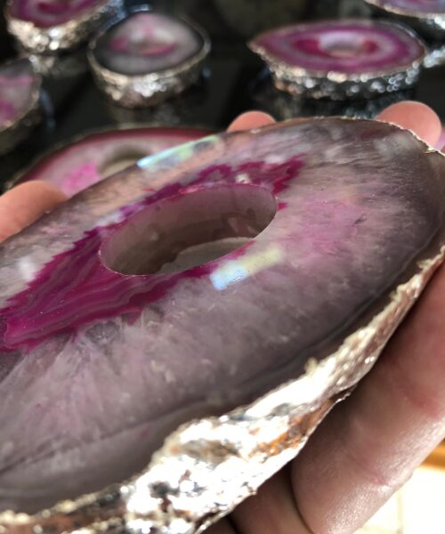 Large Pink Agate Slice Microcrystalline Quartz Silver Gilded Tealight Candle Holder - Image 9