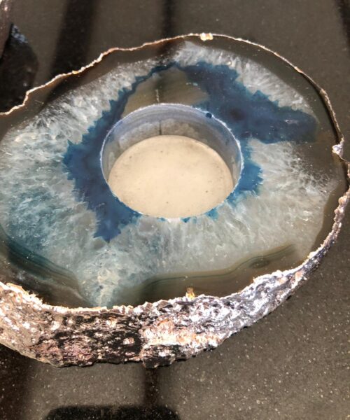 Large Blue Agate Slice Microcrystalline Quartz Silver Gilded Tealight Candle Holder - Image 10