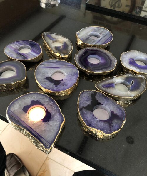Large Purple Agate Slice Microcrystalline Quartz Gold Gilded 24ct Tealight Candle Holder