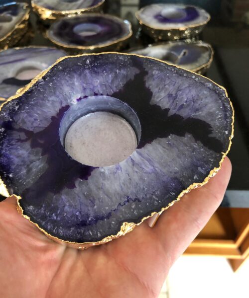 Large Purple Agate Slice Microcrystalline Quartz Gold Gilded 24ct Tealight Candle Holder - Image 9