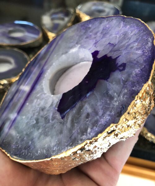 Large Purple Agate Slice Microcrystalline Quartz Gold Gilded 24ct Tealight Candle Holder - Image 12