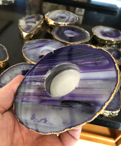 Large Purple Agate Slice Microcrystalline Quartz Gold Gilded 24ct Tealight Candle Holder - Image 13