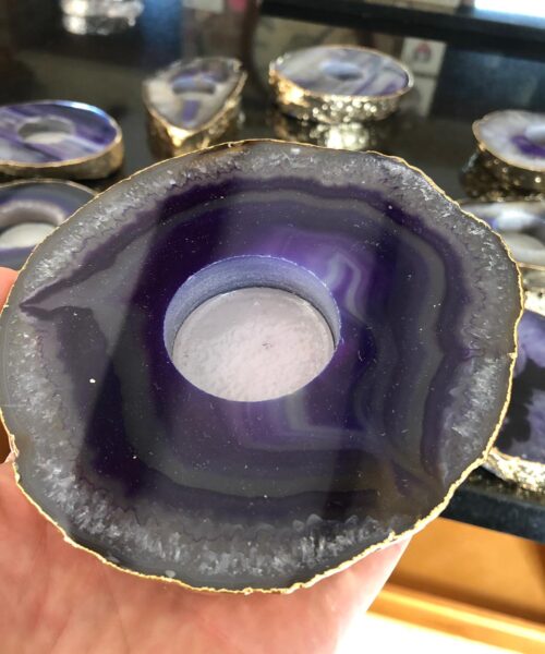 Large Purple Agate Slice Microcrystalline Quartz Gold Gilded 24ct Tealight Candle Holder - Image 17