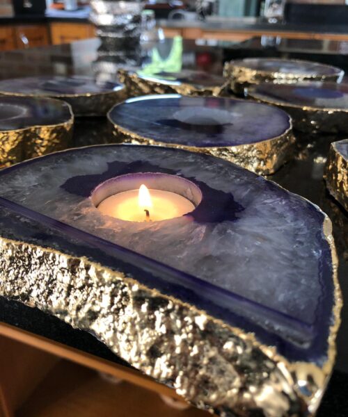 Alternative view of Large Purple Agate Slice Microcrystalline Quartz Gold Gilded 24ct Tealight Candle Holder