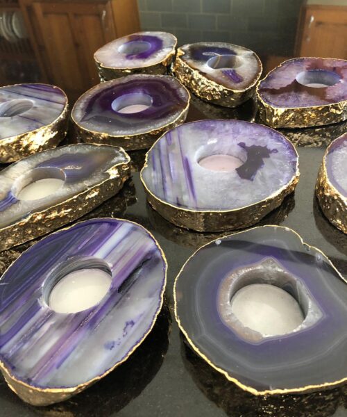 Large Purple Agate Slice Microcrystalline Quartz Gold Gilded 24ct Tealight Candle Holder - Image 3