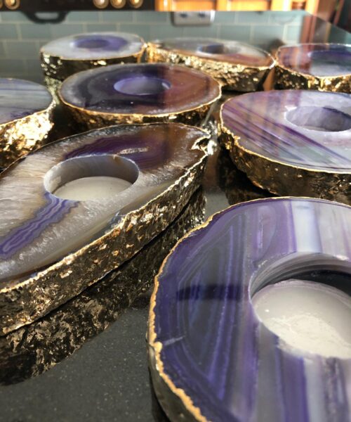 Large Purple Agate Slice Microcrystalline Quartz Gold Gilded 24ct Tealight Candle Holder - Image 4