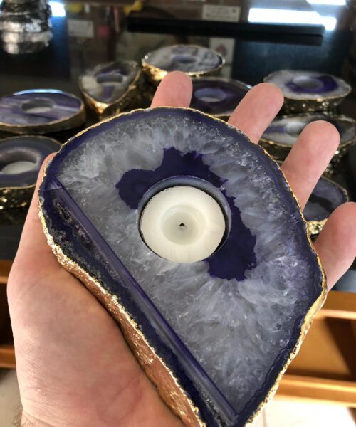 Large Purple Agate Slice Microcrystalline Quartz Gold Gilded 24ct Tealight Candle Holder - Image 6