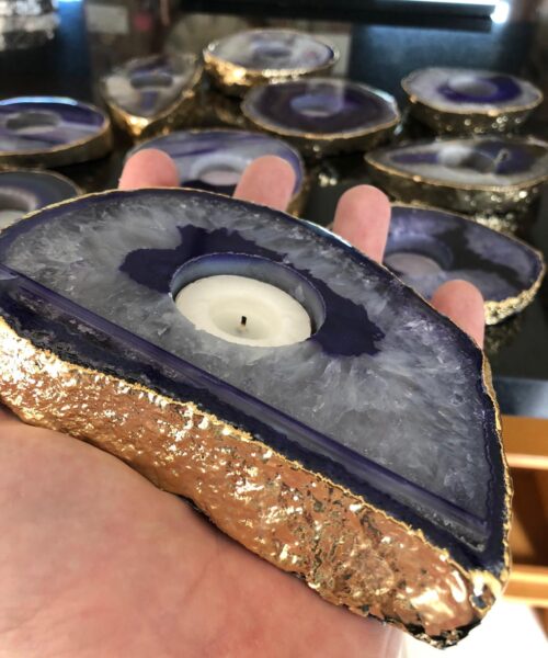 Large Purple Agate Slice Microcrystalline Quartz Gold Gilded 24ct Tealight Candle Holder - Image 7