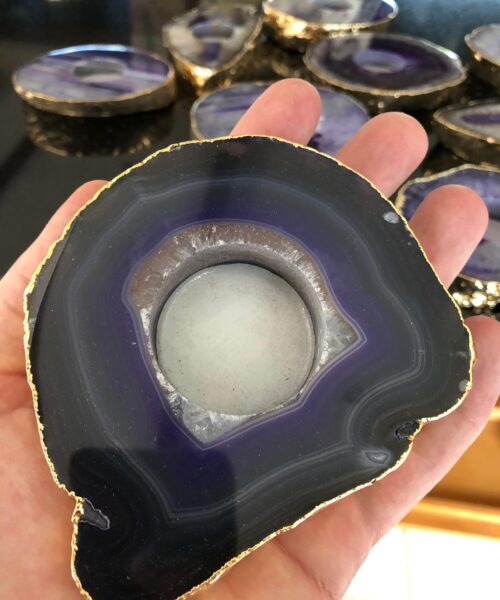 Large Purple Agate Slice Microcrystalline Quartz Gold Gilded 24ct Tealight Candle Holder - Image 8
