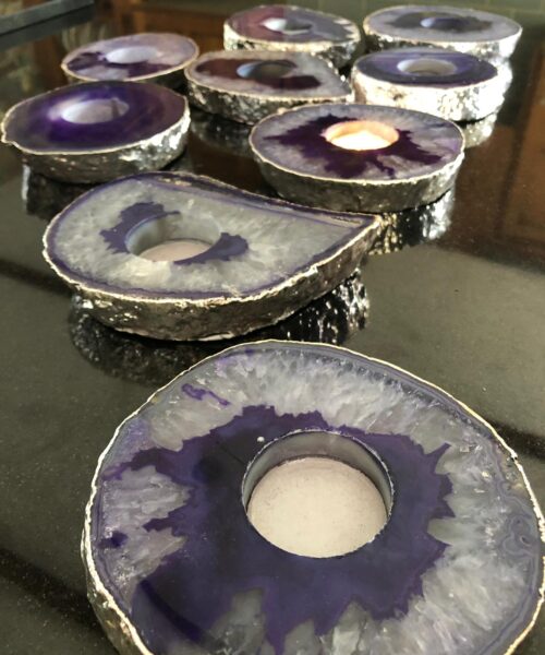 Alternative view of Large Purple Agate Slice Microcrystalline Quartz Silver Gilded Tealight Candle Holder