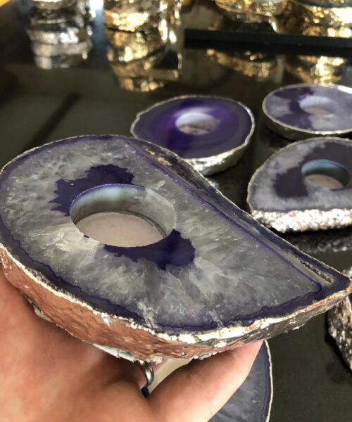 Large Purple Agate Slice Microcrystalline Quartz Silver Gilded Tealight Candle Holder - Image 9