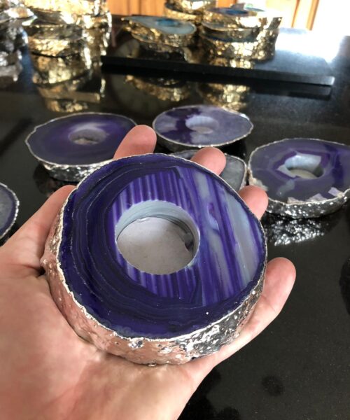 Large Purple Agate Slice Microcrystalline Quartz Silver Gilded Tealight Candle Holder - Image 10