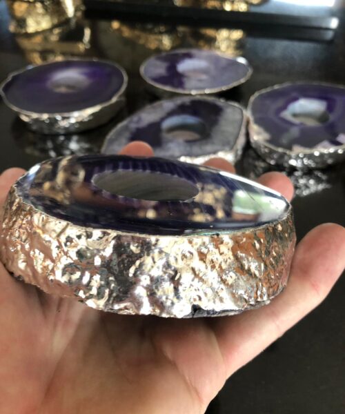 Large Purple Agate Slice Microcrystalline Quartz Silver Gilded Tealight Candle Holder - Image 11