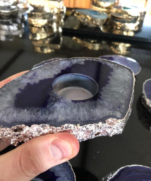 Large Purple Agate Slice Microcrystalline Quartz Silver Gilded Tealight Candle Holder - Image 12