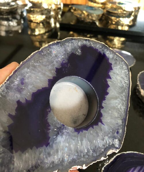 Large Purple Agate Slice Microcrystalline Quartz Silver Gilded Tealight Candle Holder - Image 13