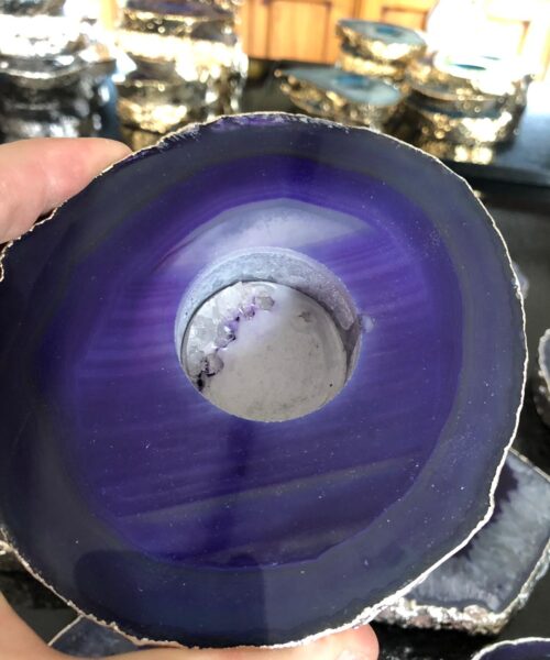 Large Purple Agate Slice Microcrystalline Quartz Silver Gilded Tealight Candle Holder - Image 14