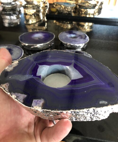 Large Purple Agate Slice Microcrystalline Quartz Silver Gilded Tealight Candle Holder - Image 17
