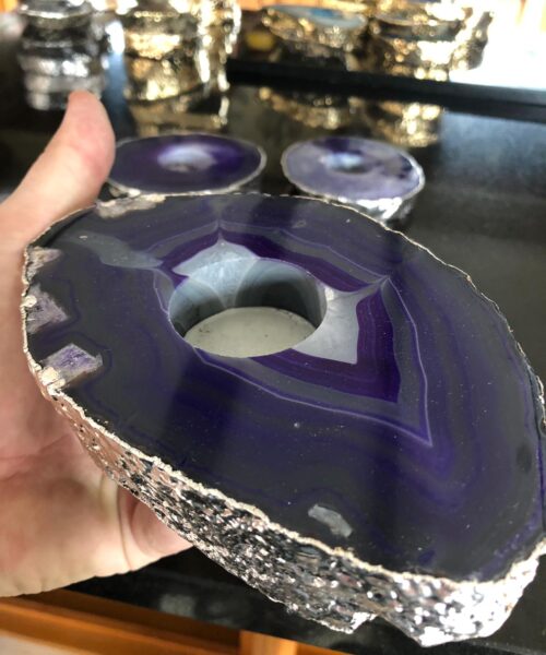 Large Purple Agate Slice Microcrystalline Quartz Silver Gilded Tealight Candle Holder - Image 18