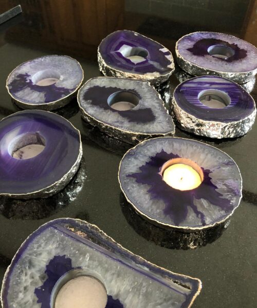 Large Purple Agate Slice Microcrystalline Quartz Silver Gilded Tealight Candle Holder