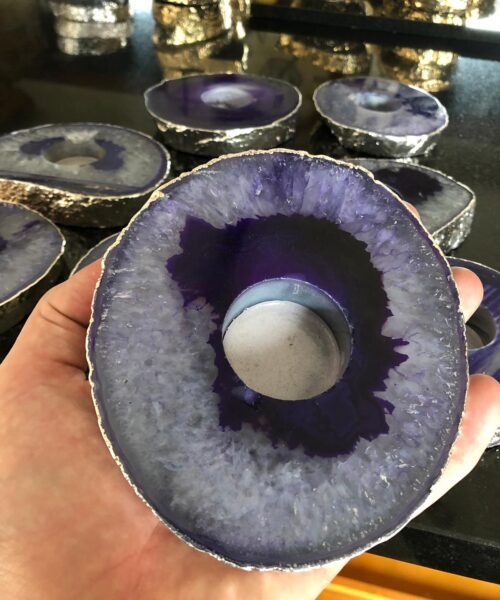 Large Purple Agate Slice Microcrystalline Quartz Silver Gilded Tealight Candle Holder - Image 19