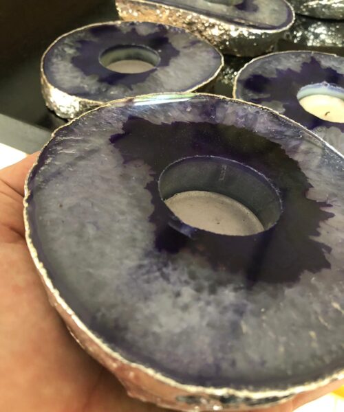 Large Purple Agate Slice Microcrystalline Quartz Silver Gilded Tealight Candle Holder - Image 20