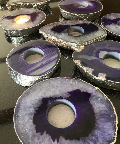 Large Purple Agate Slice Microcrystalline Quartz Silver Gilded Tealight Candle Holder - Image 3