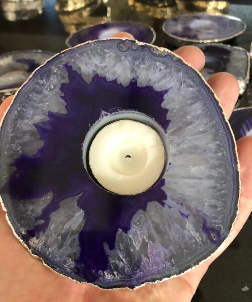 Large Purple Agate Slice Microcrystalline Quartz Silver Gilded Tealight Candle Holder - Image 4