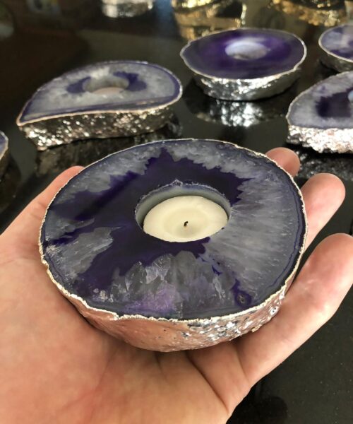 Large Purple Agate Slice Microcrystalline Quartz Silver Gilded Tealight Candle Holder - Image 5