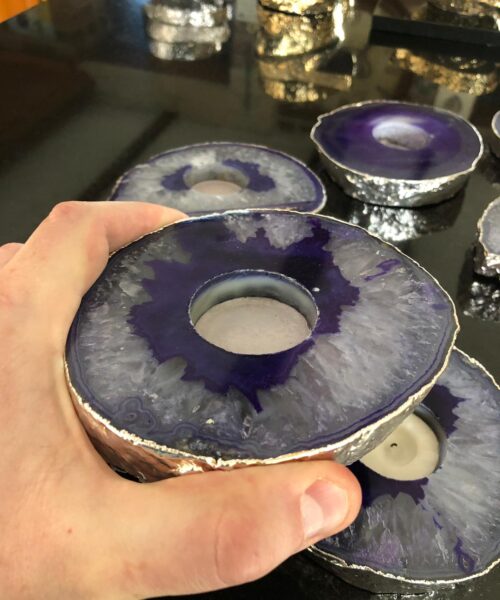 Large Purple Agate Slice Microcrystalline Quartz Silver Gilded Tealight Candle Holder - Image 6