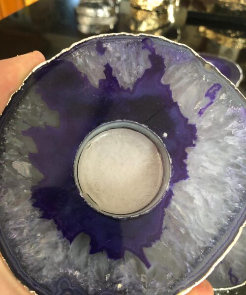 Large Purple Agate Slice Microcrystalline Quartz Silver Gilded Tealight Candle Holder - Image 7