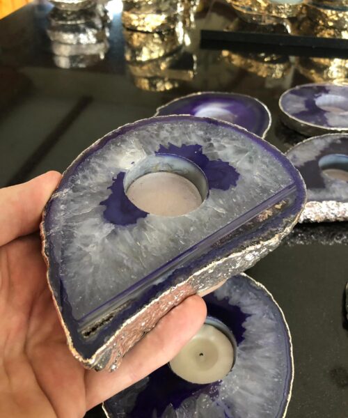 Large Purple Agate Slice Microcrystalline Quartz Silver Gilded Tealight Candle Holder - Image 8