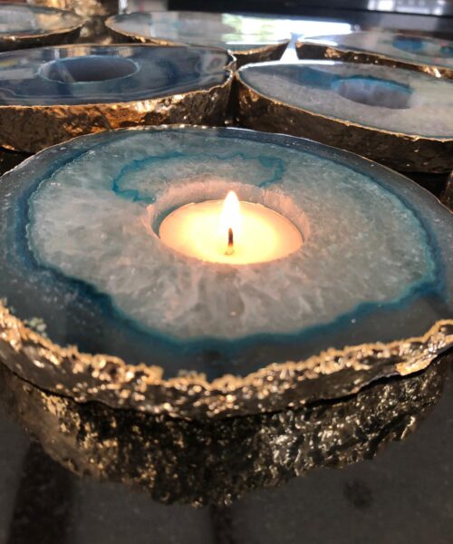 Alternative view of Large Teal Agate Slice Microcrystalline Quartz Gold Gilded 24ct Tealight Candle Holder Ornament Gift