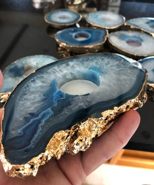 Large Teal Agate Slice Microcrystalline Quartz Gold Gilded 24ct Tealight Candle Holder Ornament Gift - Image 10