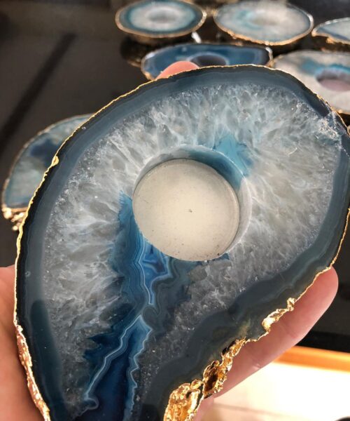 Large Teal Agate Slice Microcrystalline Quartz Gold Gilded 24ct Tealight Candle Holder Ornament Gift - Image 11