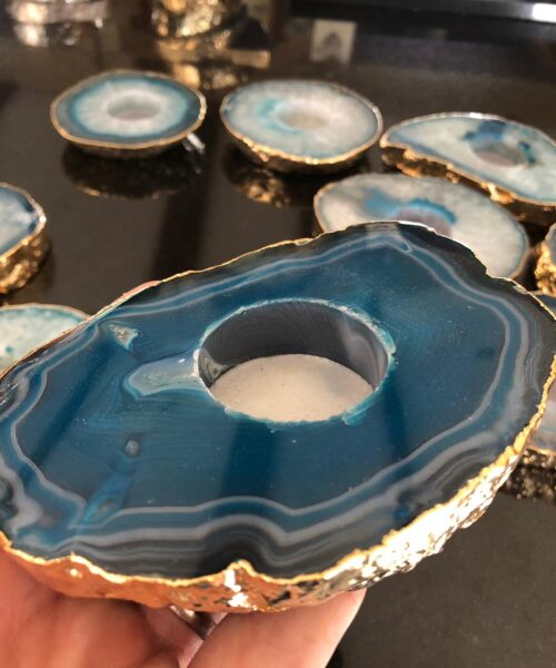 Large Teal Agate Slice Microcrystalline Quartz Gold Gilded 24ct Tealight Candle Holder Ornament Gift - Image 12