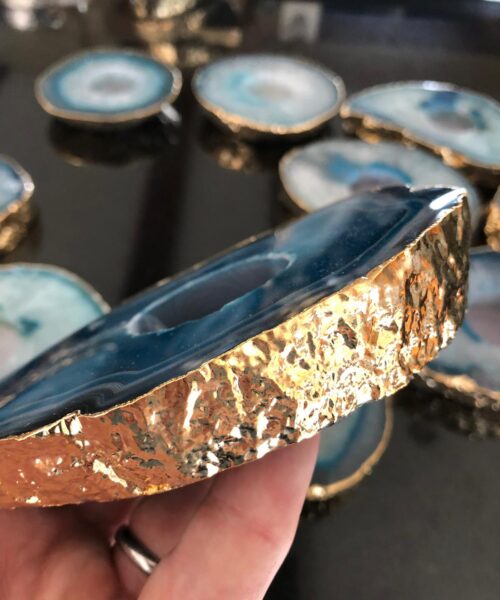 Large Teal Agate Slice Microcrystalline Quartz Gold Gilded 24ct Tealight Candle Holder Ornament Gift - Image 13