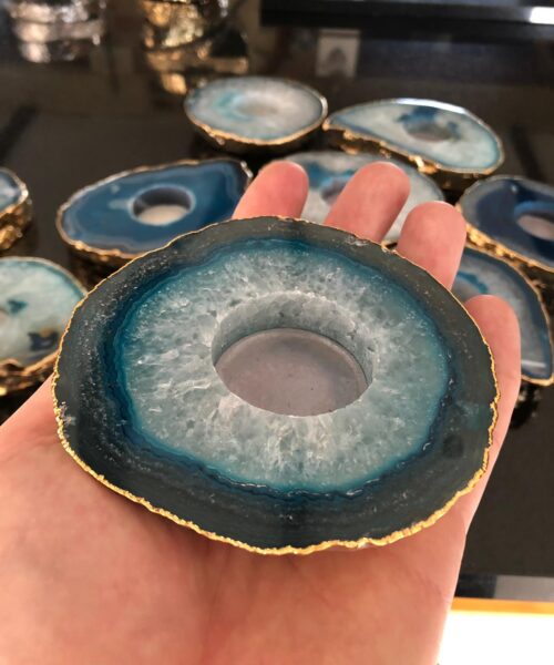 Large Teal Agate Slice Microcrystalline Quartz Gold Gilded 24ct Tealight Candle Holder Ornament Gift - Image 14