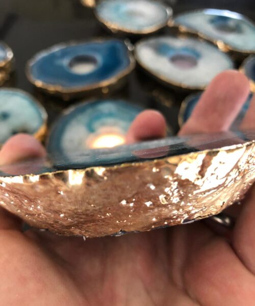 Large Teal Agate Slice Microcrystalline Quartz Gold Gilded 24ct Tealight Candle Holder Ornament Gift - Image 16