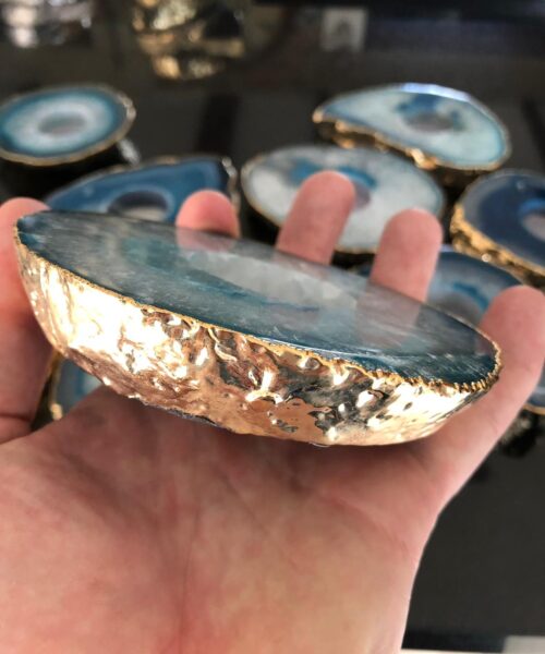 Large Teal Agate Slice Microcrystalline Quartz Gold Gilded 24ct Tealight Candle Holder Ornament Gift - Image 17