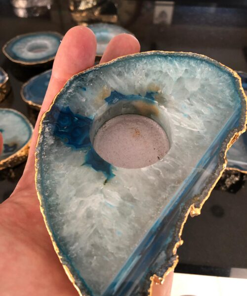 Large Teal Agate Slice Microcrystalline Quartz Gold Gilded 24ct Tealight Candle Holder Ornament Gift - Image 18